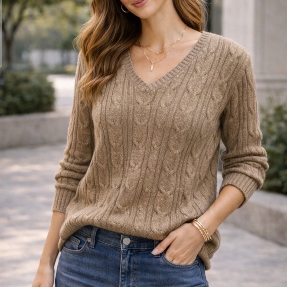 St. John's Bay Everyday Basics V-Neck Cable Knit Taupe Sweater Taupe Medium NWT